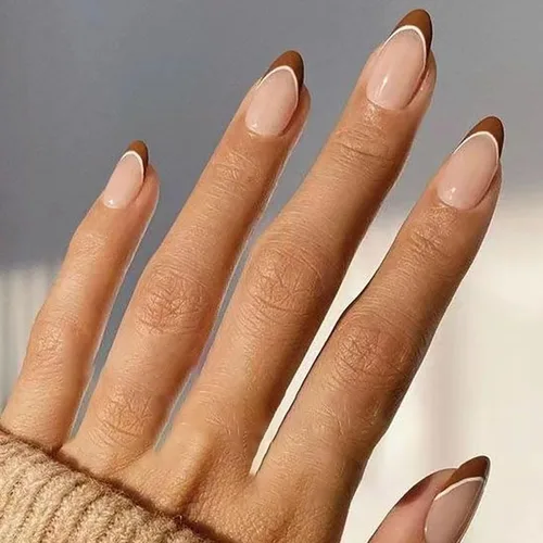 Vista 16 de Uñas postizas cortas a presión, uñas postizas de otoño con punta francesa, color marrón, cobertura completa, con diseños de remolinos marrones, uñas