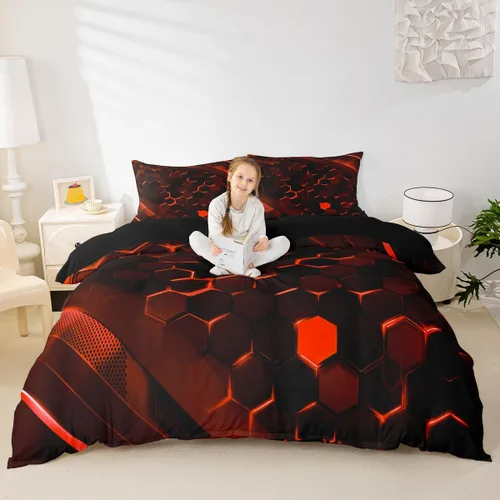 Vista 4 de Juego de ropa de cama de panal hexagonal para niños, niñas, adolescentes, funda de edredón geométrica transpirable, colmena geométrica roja y negra