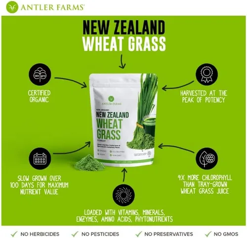 Vista 5 de Antler Farms - 100% puro, orgánico, polvo de pasto de trigo de Nueva Zelanda, 40 porciones, 7.05 oz - crudo, vegano, sin gluten, rico en nutrientes