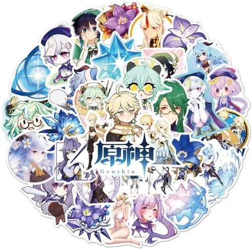 Vista 3 de YUANHUISHENG Genshin Impact Merch - Juego de regalo 1 mochila Genshin Impact con cordón, 50 calcomanías de dibujos animados, 1 cordón, 2 llaveros