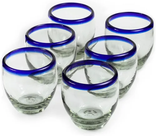 Vista 6 de Vasos mexicanos soplados a mano de 9 oz para beber - Juego de 6, 9 onzas líquidas cada uno, borde aguamarina