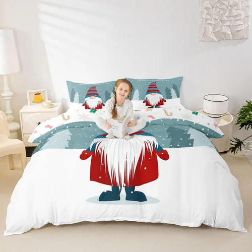 Vista 14 de Erosebridal Juego de ropa de cama de Navidad escandinavos gnomos de Papá Noel, funda de edredón de Papá Noel nevando para niños y niñas, funda