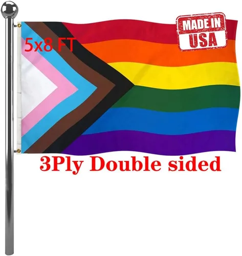 Vista 8 de Jayus Bandera de arco iris de doble cara inclusive Progress Pride de 2 x 3 para exteriores, banderas de arcoíris LGBTQ resistentes con 2 ojales