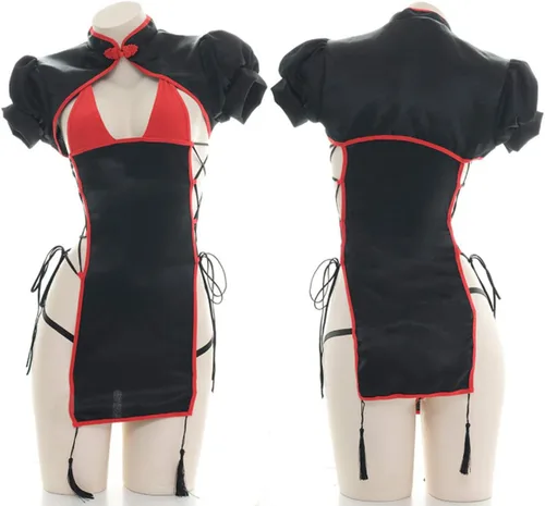 Vista 3 de Yameidie Vestido chino Cheongsam para mujer, lencería de anime para cosplay, con abertura alta, Qipao tradicional (negro), Negro