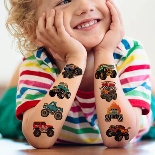 Vista 3 de CHARLENT Tatuajes temporales de Monster Truck para niños, suministros de fiesta – 74 hojas individuales de tatuajes de camión monstruo para niños