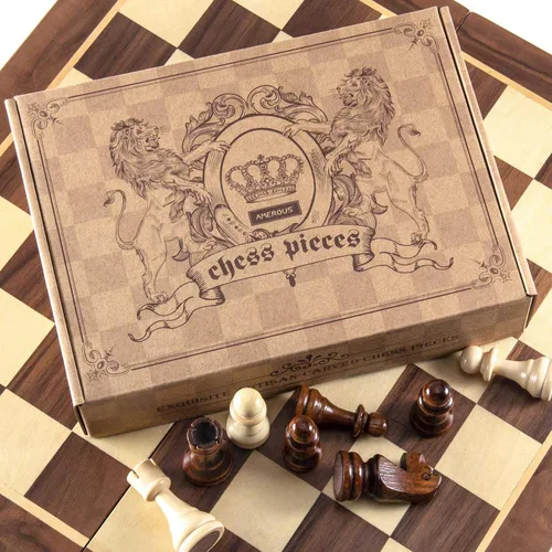 Vista 4 de AMEROUS Piezas de ajedrez de madera solamente, piezas de ajedrez Staunton de madera para torneo con rey de 3.5 pulgadas, peones de juego de ajedrez