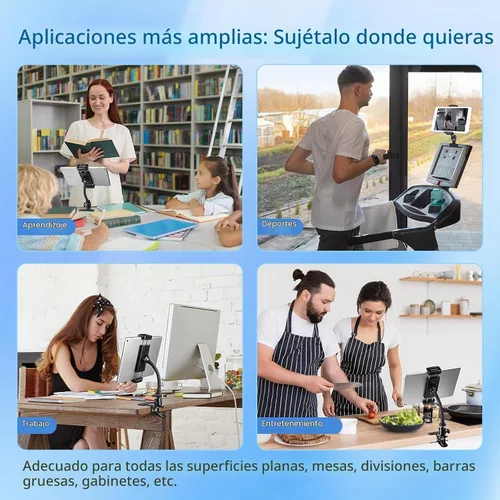 Vista 2 de ROCKFREE Soporte para tablet con clip con brazo de cuello de cisne resistente, soporte de abrazadera de iPad ajustable de 360° para escritorio