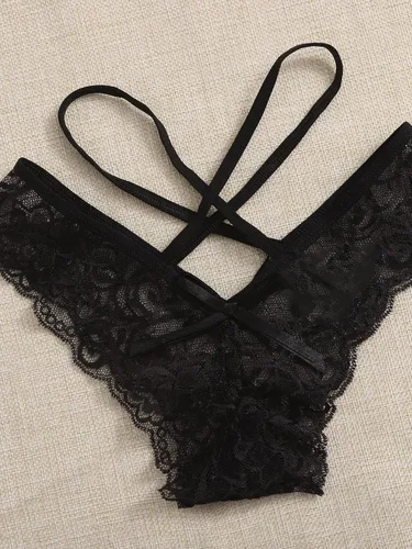 Vista 4 de WDIRARA Conjunto de 3 bragas de encaje floral con tirantes cruzados para mujer