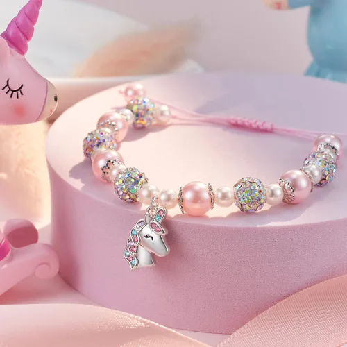 Vista 3 de HGDEER Valentines Day Gifts for Little Girls Unicorn Bracelet for DaughterGranddaughterNiece Pink Pearl and Rhinestone Balls Bracelet Adjustable
