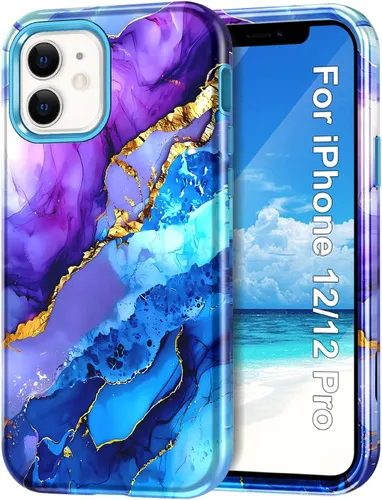 Vista 14 de Btscase para iPhone 12/iPhone 12 Pro, funda resistente de tres capas de mármol a prueba de golpes, cuerpo completo, PC duro + parachoques de TPU