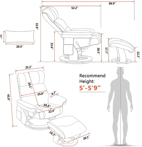 Vista 3 de MCombo Sillones reclinables giratorios con otomana, sillas reclinables de TV con masaje por vibración, silla ergonómica de piel sintética para sala