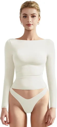 Vista 6 de SUUKSESS Camiseta de mujer con cuello redondo, manga larga, doblemente forrada, ajustada y corta