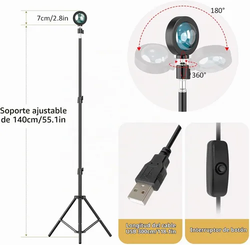 Vista 4 de Balkwan Lámpara de Piso con Proyección de Puesta de Sol, Lámpara Nocturna Led con Soporte Ajustable de 140cm, Rotación de 360 Grados, Luz de Red