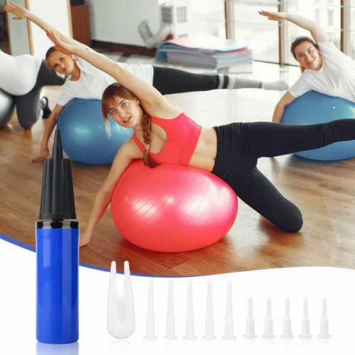 Vista 6 de PEUTIER Kits de bomba de bola de ejercicio, bomba de aire manual para pelota inflable con 10 tapones y un extractor de enchufes, bomba de bola