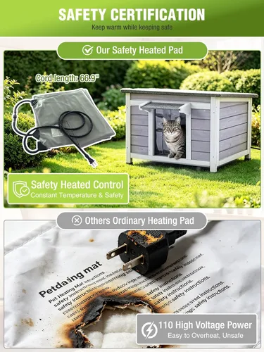 Vista 3 de Casa climatizada para gatos al aire libre con forro aislante, refugio impermeable para gatos Solid Fir Timber Stray Kitty Habitat With Removable