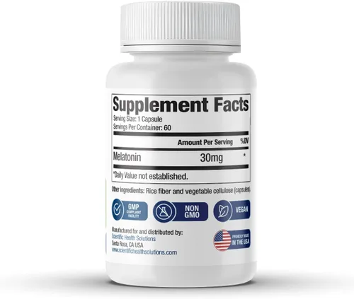 Vista 9 de Melatonina 30 mg Melatonina extra fuerte en cápsulas fáciles de tragar Vegana, sin OMG y sin gluten Extra fuerte hecha en Estados Unidos