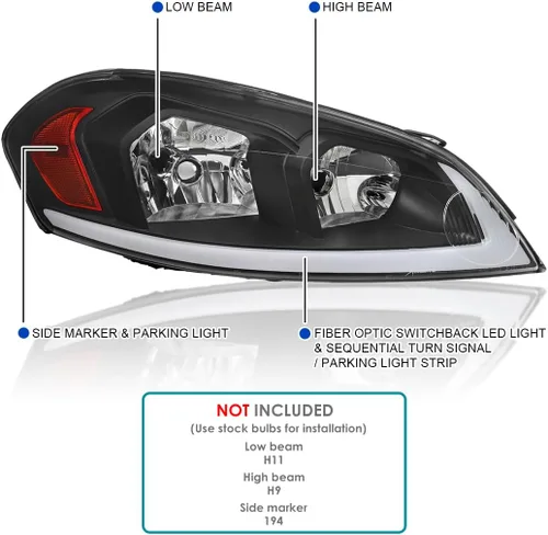 Vista 3 de SPEC-D TUNING Faros delanteros negros con señales LED Switchback compatibles con Chevy Impala 2006-2013, conjunto de faros delanteros izquierdo