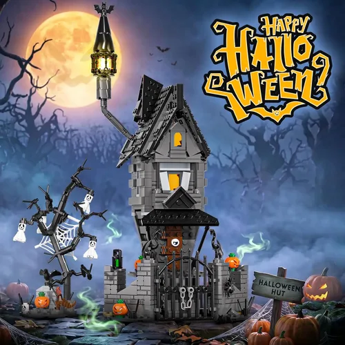 Vista 2 de Juego de construcción de mansión embrujada de Halloween 2026, juego de bloques de construcción de casa embrujada antes de Navidad, calabazas que