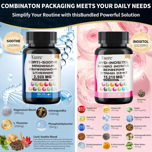 Vista 2 de Paquete de suplemento de cortisol y mio-inositol con ashwagandha, magnesio, l-teanina, d-chiro inositol, folato, berberina, casteberry para aliviar