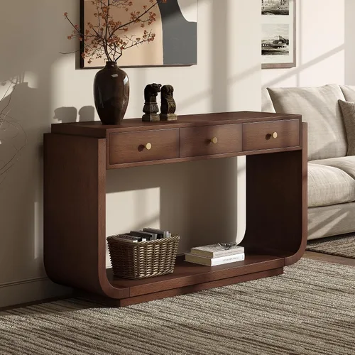 Vista 37 de 50" Modern Art Sculptural Console Table, Oval Cutout Legs, Wood Veneer, Thick Rounded Tabletop, Contemporary Entryway Sofa Table for Living Room
