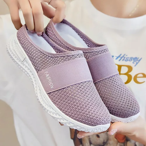 Vista 5 de Pantuflas planas de malla de punto para mujer, tela de malla transpirable sin espalda, antideslizantes, suela suave, cómodas, sin cordones