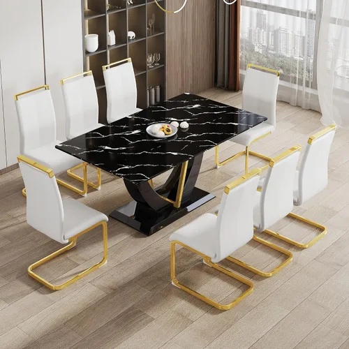 Vista 9 de Juego de mesa de comedor de 71 pulgadas para 8, juego de mesa de comedor de mármol sintético negro para 8, juego de mesa de cocina rectangular