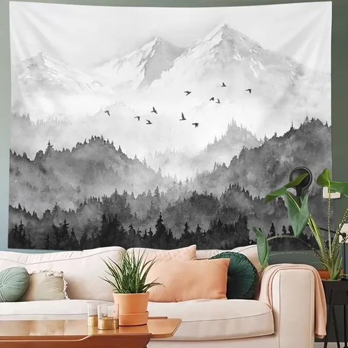 Vista 4 de kampdream Tapiz de bosque de montaña, tapiz de pared con diseño de árbol blanco y negro brumoso, paisaje de acuarela, tapiz de paisaje natural