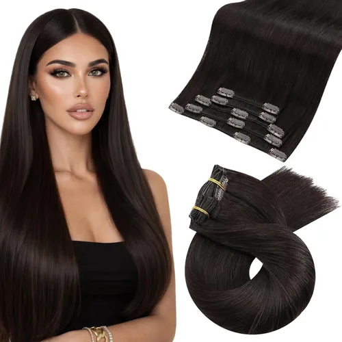 Vista 37 de Moresoo Extensiones de cabello humano con clip, balayage, color marrón oscuro a marrón dorado con clip, extensiones de cabello humano con clip, 5