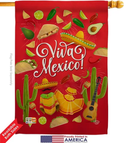Vista 2 de Viva - Banderas de casa de México, paquete de 2 unidades, para fiesta de verano, cactus, piñata, sombrero, fiesta mexicana, para exteriores