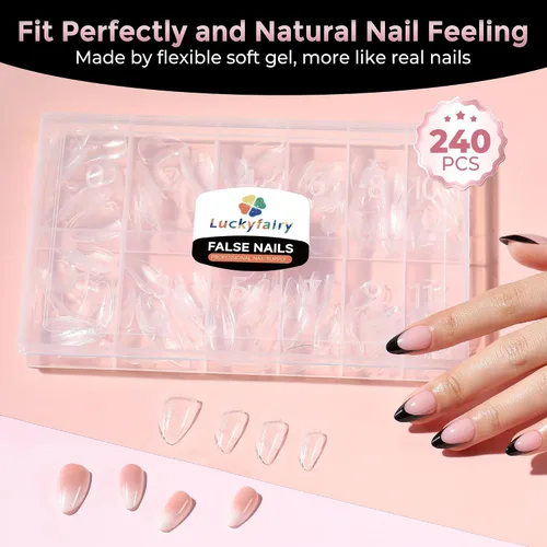 Vista 4 de Luckyfairy Puntas de uñas cortas de almendra, 240 puntas de uñas de gel