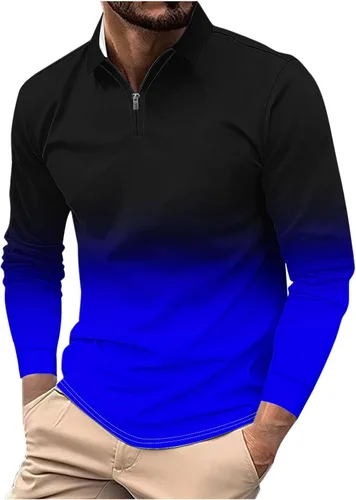 Vista 8 de Camisas para hombres de moda grande y alto de manga larga, color degradado, con cremallera de un cuarto, camiseta polo casual suelta deportiva