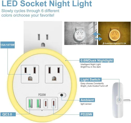 Vista 6 de Luces LED nocturnas enchufables a la pared, luz nocturna enchufable con 4 puertos USB y 2 tomacorrientes, sensor inteligente de atardecer a
