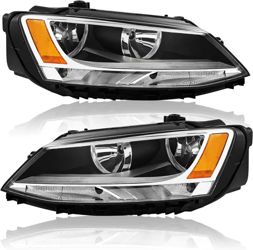 Vista 10 de Conjunto de faros delanteros compatible con Volkswagen Jetta MK6 11-18, modelo halógeno, carcasa negra, esquina ámbar