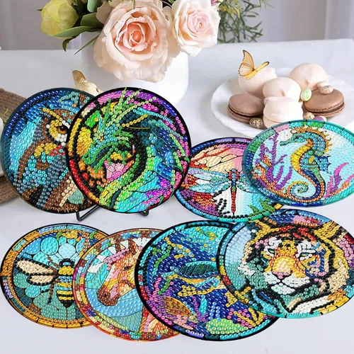Vista 2 de Meothan Juego de 8 posavasos de arte de diamante para adultos con soporte, almohadillas de corcho, posavasos de arte de puntos de diamante de vidrio