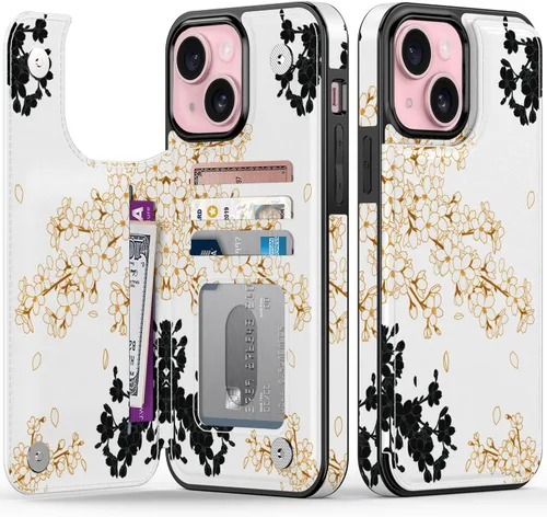 Vista 71 de FUNMIKO Funda tipo cartera para iPhone 15 con tarjetero + clip para efectivo, bloqueo RFID, protección contra caídas de grado militar y obras