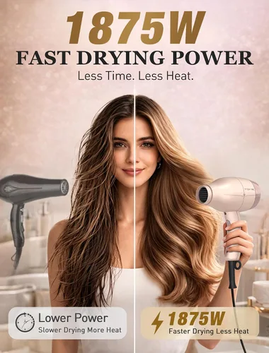 Vista 3 de TOME Secador de pelo, secador de pelo rizado iónico Cool Shot con difusor, secado rápido de 1875 W con tecnología de cerámica, 3 accesorios