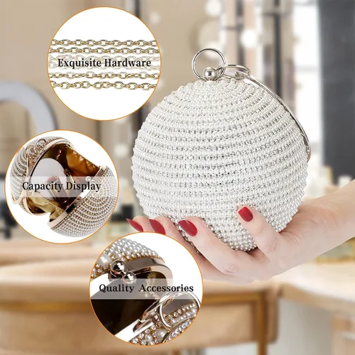 Vista 4 de Bolso de noche para mujer, bolso de mano redondo con cuentas de perlas, bolso de mano con diamantes de imitación