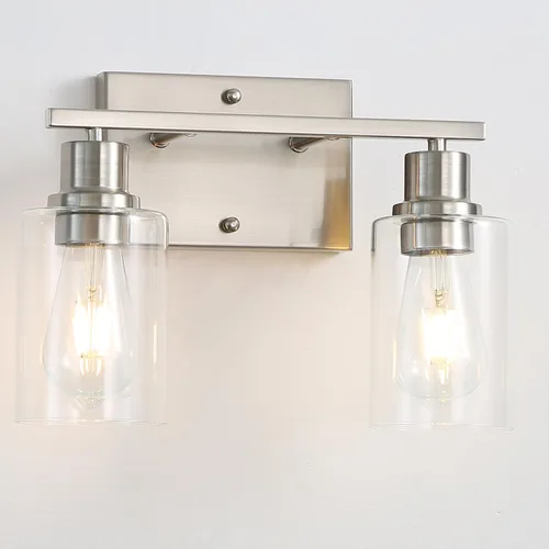 Vista 13 de Paquete de 2 lámparas de pared para sala de estar, luces de tocador de oro cepillado con pantalla de cristal, apliques de pared modernos de granja