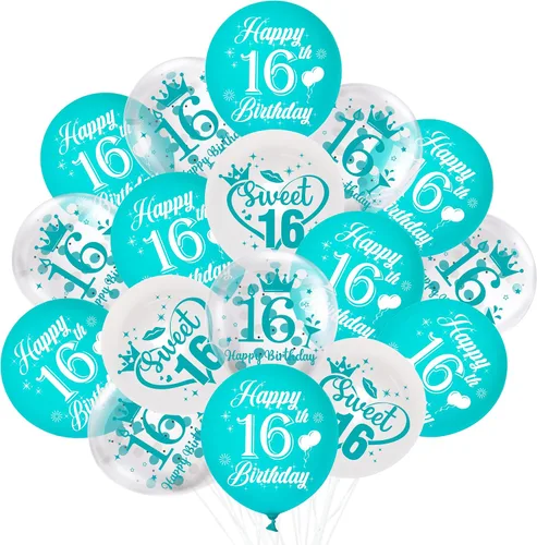 Vista 8 de Globos de cumpleaños número 10, paquete de 45 decoraciones de cumpleaños de dos dígitos, color turquesa, juego de globos de látex azul y blanco