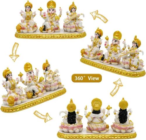 Vista 5 de alikiki Estatua india de Laxmi Ganesh Saraswati – 3.9 pulgadas de alto pequeño aspecto de mármol Lakshmi Ganesha ídolo escultura para tablero