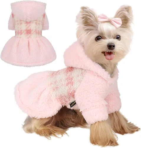 Vista 7 de Suéteres para perros pequeños para niñas, vestido de invierno para cachorros, sudadera con capucha de forro polar, ropa cálida para mascotas A-Rosa