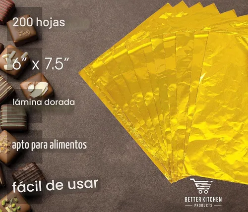 Vista 3 de Better Kitchen Products Envolturas de caramelo de papel de aluminio dorado, 6 x 7.5 pulgadas, parte trasera plateada, embalaje individual