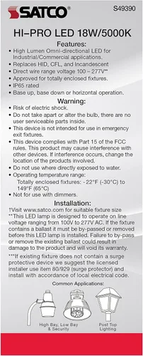 Vista 7 de Satco Bombilla LED de mazorca de maíz de 18 W, repuesto HID para iluminación de garaje y comercial, luz diurna de 5000 K, base E26, derivación