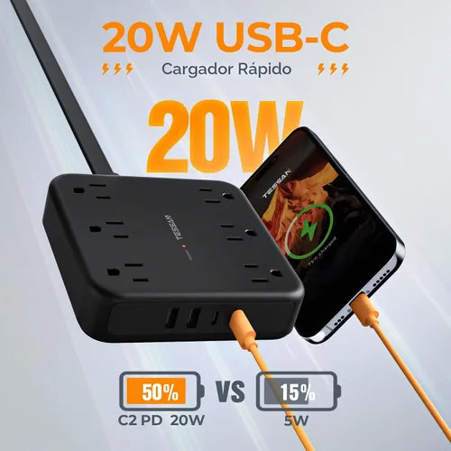 Vista 4 de TESSAN – Regleta de alimentación con USB, cable de extensión con 6 salidas ampliamente espaciadas 2100 Joules Surge Protector Power Strip, 6