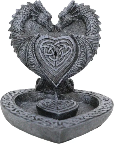 Vista 9 de Ebros Gift Guardian of Faux Stone Celtic Heart Tomb Altar Romántico Doble Dragón Cono de reflujo Incienso en cascada Humo Piscina Cascada Quemador
