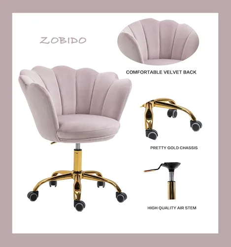 Vista 4 de Silla cómoda de oficina en casa con ruedas, linda silla de escritorio de tocador giratoria ajustable de terciopelo con respaldo de concha marina