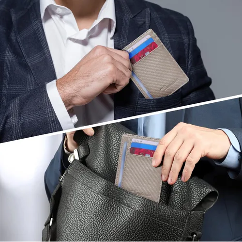 Vista 6 de Travelambo Cartera delgada de cuero minimalista con bolsillo frontal RFID con textura de fibra de carbono, Azul