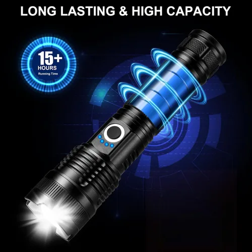 Vista 4 de Paquete de 3 linternas recargables de altos lúmenes, linterna LED súper brillante de 990000LM, luz de flash potente ajustable con 5 modos y cable