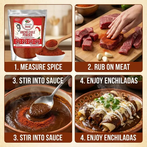 Vista 6 de Ancho Chile Powder 4oz Molido Suave Seco Chili Pepper Mexican Spice Smoky sweet ground poblano for mole, enchiladas, tacos, rubs & marinades. All