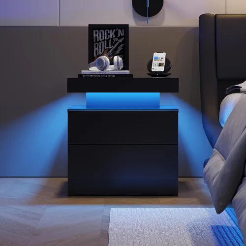 Vista 4 de Juego de 2 mesitas de noche LED negras, juego de 2 mesitas de noche modernas con 2 cajones, mesa auxiliar con luces LED para dormitorio, sala